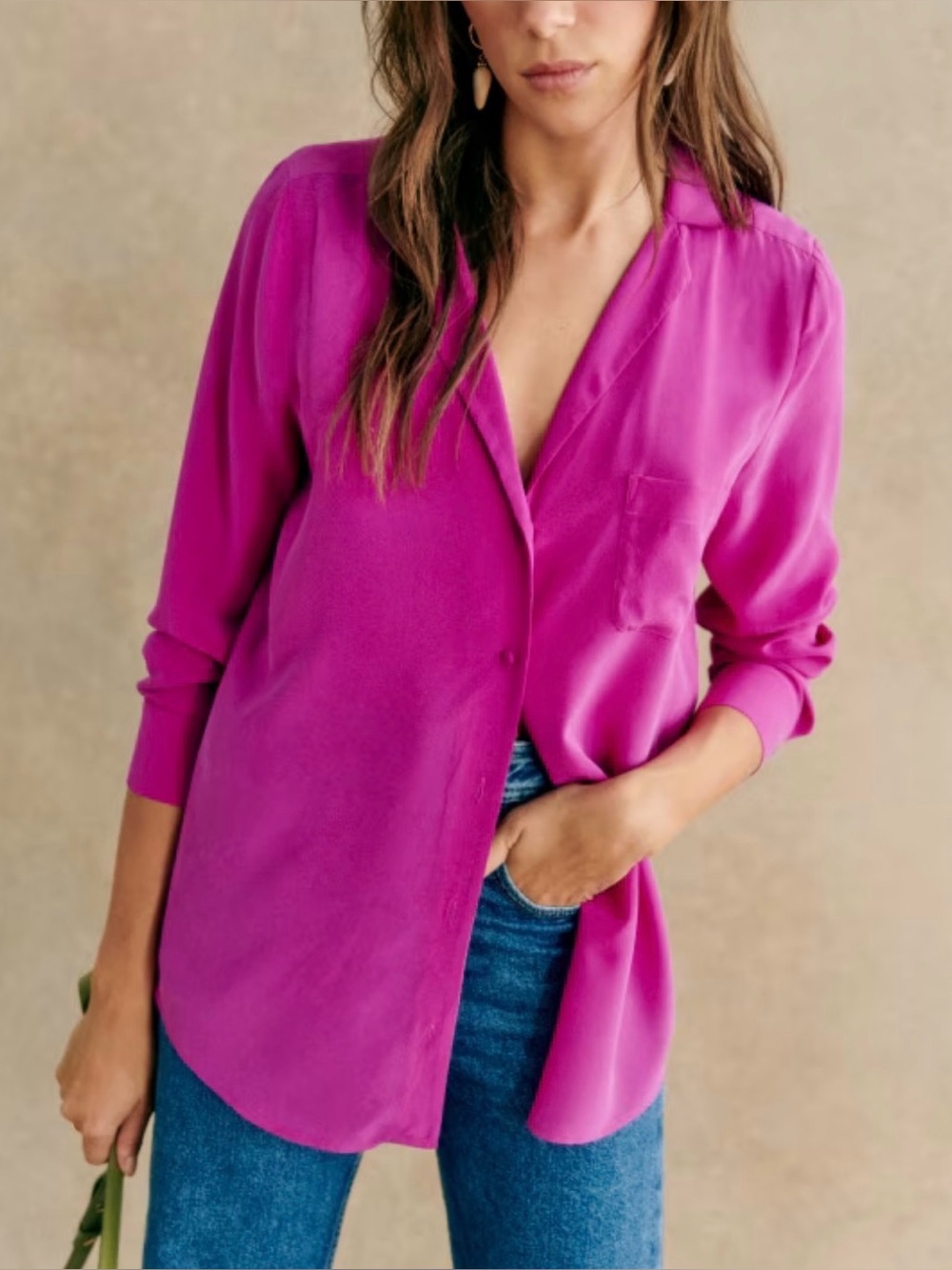 Sezane Magenta Silk Button-Down Blouse